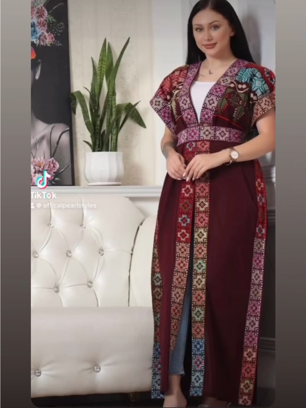 Maroon Embroidered Long Kimono Dress - Women Dresses